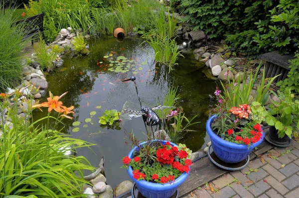 Garden pond with goldfish,flower pots,garden decoration