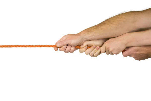 Two Pairs Hands Pull Rope — Stock Photo, Image