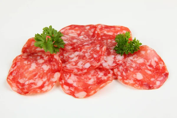 Salami Slices White Background — Stock Photo, Image