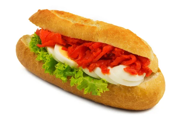 Baguette Con Salmone Spuntino Isolato Fondo Bianco — Foto Stock