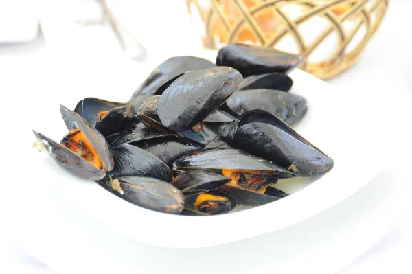 Muscheln Einer Schüssel Auf Weißem Hintergrund — Stockfoto