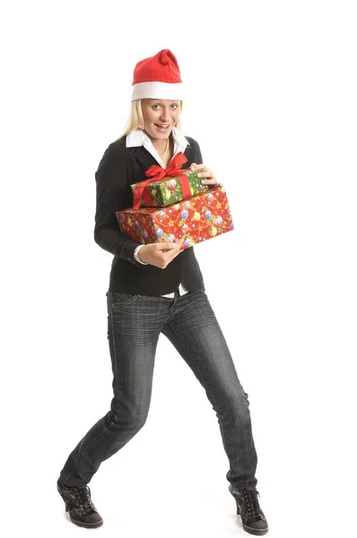 Hübsche Junge Blonde Frau Mit Weihnachtsbaum Und Geschenken Vor Weißem — Stockfoto