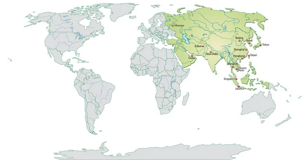 Carte Asie Avec Des Sièges Capitaux Vert Pastel — Photo