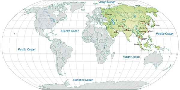 亚洲有首都的地图是绿色的 — 图库照片
