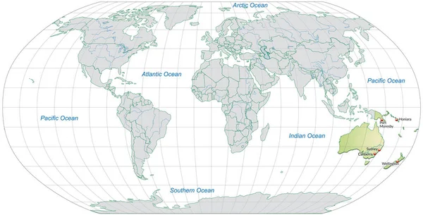 首都のあるオーストラリアの地図はパステルグリーンに位置しています — ストック写真