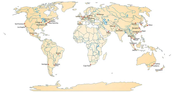 Carte Monde Avec Capitales Pastellorange — Photo