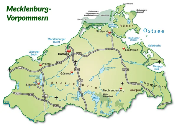 Pastel Green交通网络的Mecklenburg Vorpommern地图 — 图库照片