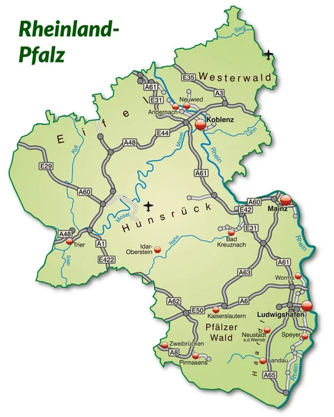 Mappa Della Renania Palatinato Con Rete Trasporto Pastel Green — Foto Stock