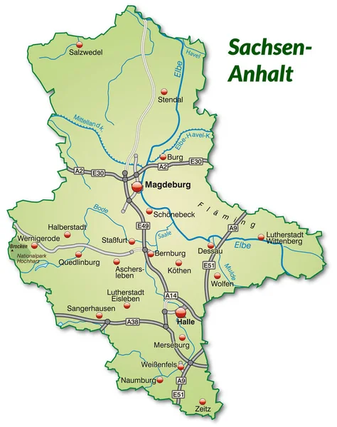 Mapa Saska Anhaltska Dopravní Sítí Pastelově Zelené — Stock fotografie