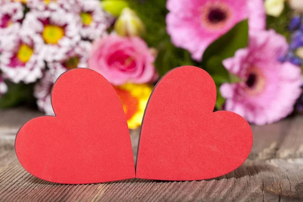 Two Red Hearts Colourful Bouquet Flowers Background — Stock Photo, Image