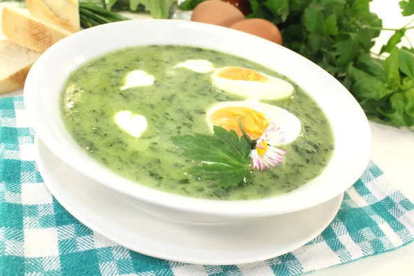 緑のハーブのスープに卵とクリームフライパン — ストック写真