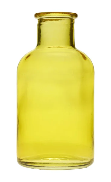 Pequeña Botella Vidrio Amarillo Sobre Fondo Blanco — Foto de Stock