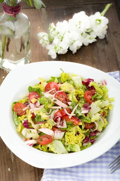 Gemengde Salade Met Vleesrepen Tomaat — Stockfoto