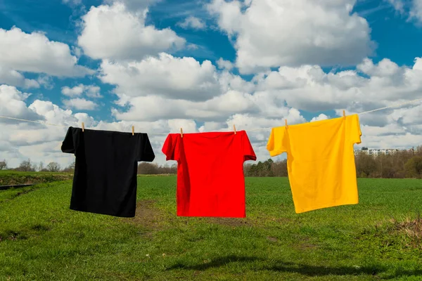 Twee Gele Wasgoed Kleren Waslijn Het Groene Gras — Stockfoto