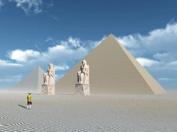 Datorgenererad Illustration Med Egyptiska Pyramider Och Statyer — Stockfoto