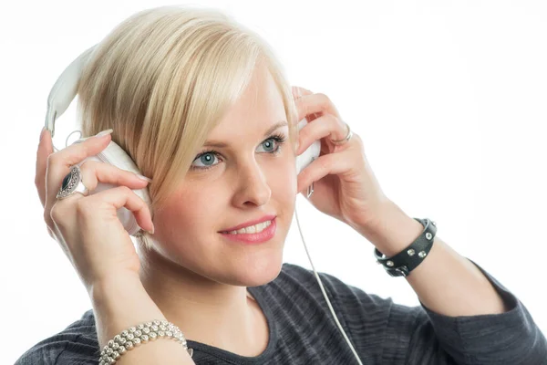 Chica Rubia Con Auriculares — Foto de Stock