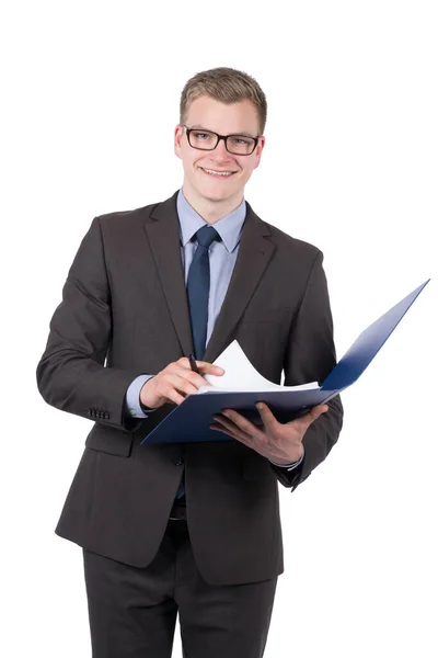 Foto Está Uma Foto Jovem Empresário Sorrindo Segurando Uma Ordem — Fotografia de Stock