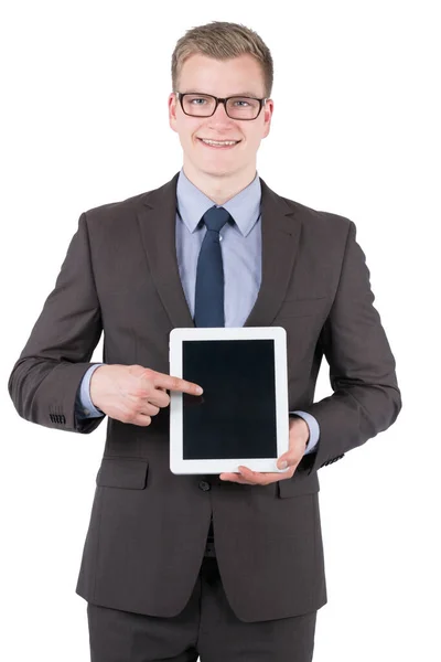 Pictured Photo Young Smiling Businessman Glasses Pointing His Finger Tablet — Stock Photo, Image