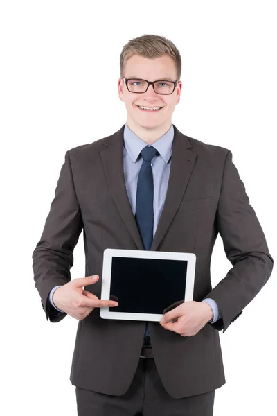 Resimde Genç Gülümseyen Bir Adamının Tableti Işaret Eden Gözlüklü Bir — Stok fotoğraf