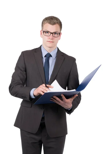 Zdjęcie Młodego Biznesmena Trzymającego Otwarte Niebieskie Akta Długopis Facet Patrzy Zdjęcie Stockowe