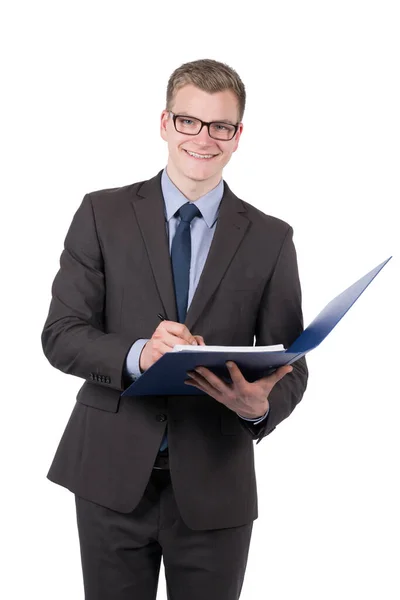 Released Photo Young Smiling Businessman Writing Blue File Order Holds — Stock Photo, Image