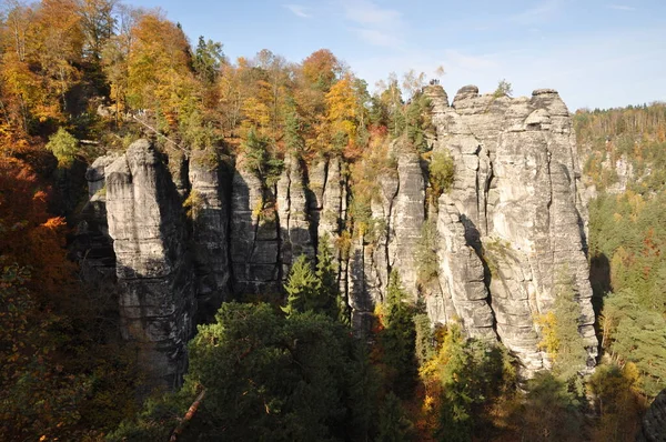 Bastei Basteifelsen Kilátás Kilátás Szikla Szikla Hegymászó Szikla Természet Táj — Stock Fotó