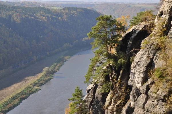 Bastei Basteifelsen Elbe Elbtal Rivière Navire Cargo Rocher Rocher Rochers — Photo