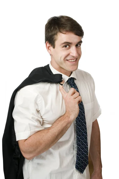 Torso View Young Man White Shirt Casually Held Shoulder Sacko — Stock Photo, Image