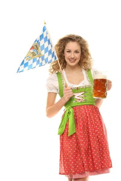 Mulher Dirndl Com Bandeira Cerveja — Fotografia de Stock