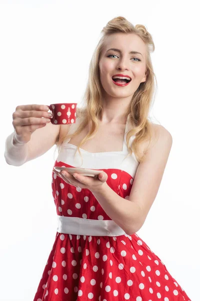 Una Mujer Vestido Verano Sostiene Una Taza Café —  Fotos de Stock