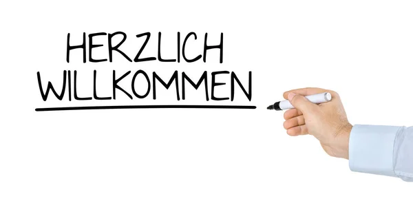 Hand Mit Stift Schreibt Willkommen — Stockfoto