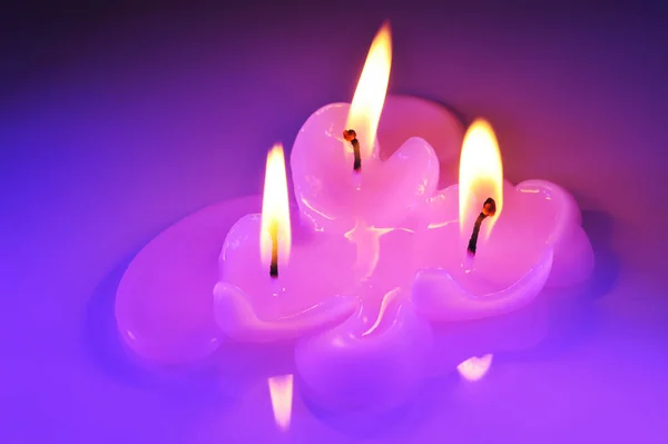 Drie Smeltende Roze Kaarsen Hartvorm Violet Licht — Stockfoto