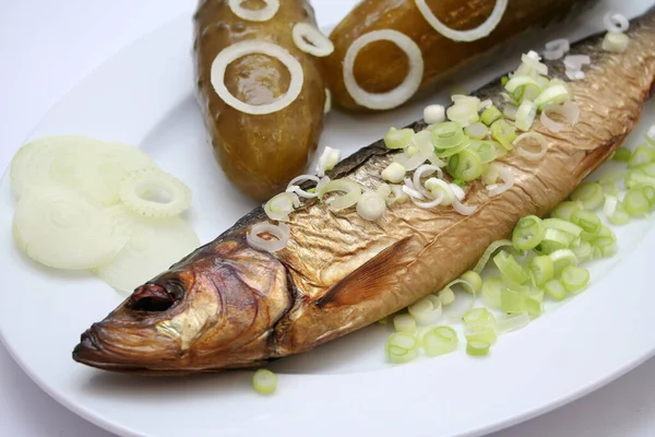 Grilled Mackerel Vegetables Spices Plate — Stock Photo, Image