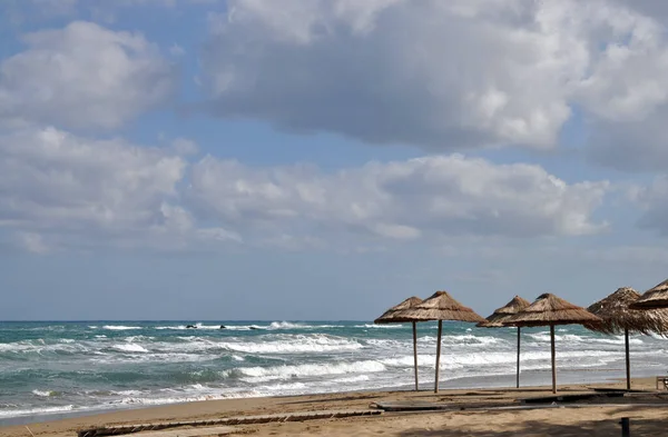 Zandstrand Strand Kust Strand Stalida Stalidas Malia Kreta Parasol Parasols — Stockfoto