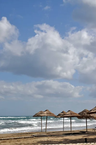 Zandstrand Strand Kust Strand Stalida Stalidas Malia Kreta Parasol Parasols — Stockfoto