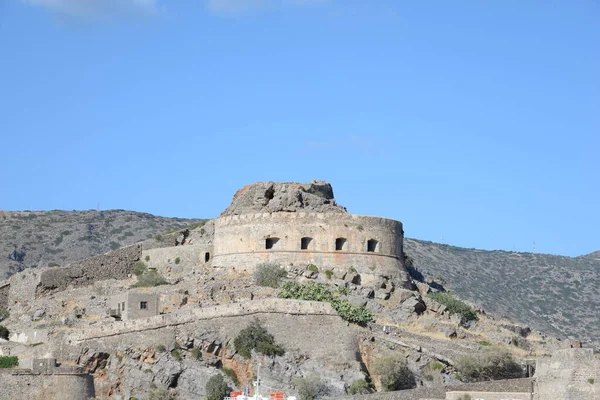 Spinalonga Beton Řecko Středomoří Ostrov Ostrov Malomocenství Elounda Pevnost Obloha — Stock fotografie