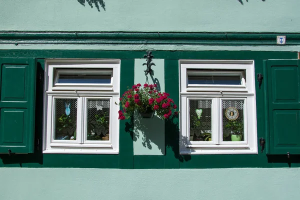 Ventana Con Flores Una Casa Verde — Foto de Stock