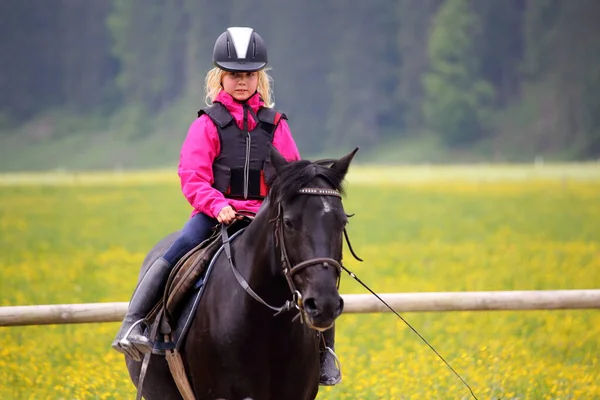 Menina Com Cavalo Campo — Fotografia de Stock