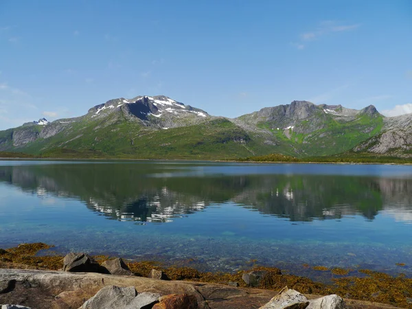 Reflexiones Montaña Sobre Polen Los Vatterfjord Austvagoy Islas Lofoten Noruega —  Fotos de Stock