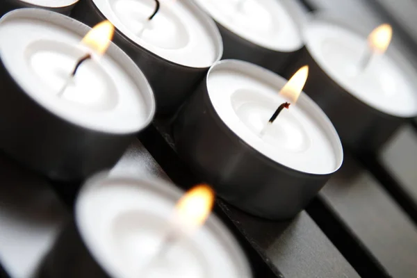 Tea Lights Arranged Wooden Bench — Stock Photo, Image