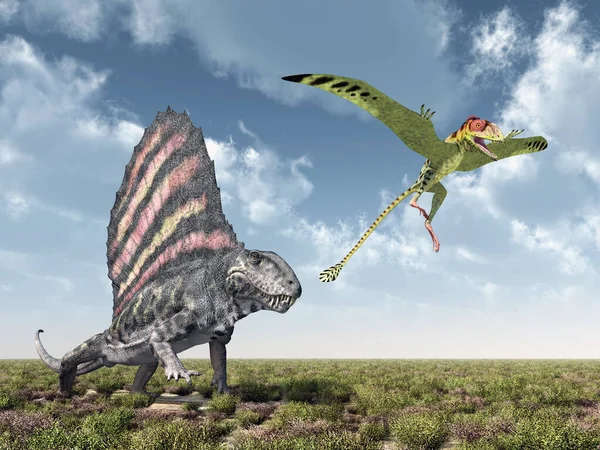 Computergegenereerde Illustratie Met Pelycosaurus Dimetrodon Vliegende Dinosaurus Peteinosaurus — Stockfoto