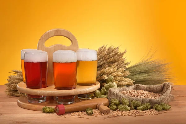 Beer carriers and beer glasses with wheat,barley,hops and malt