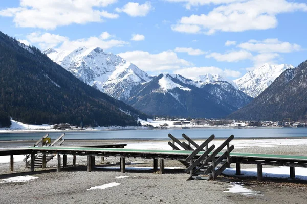 Achensee Vintern Vid Lågt Vatten Med Mullvad Jet Stiege — Stockfoto