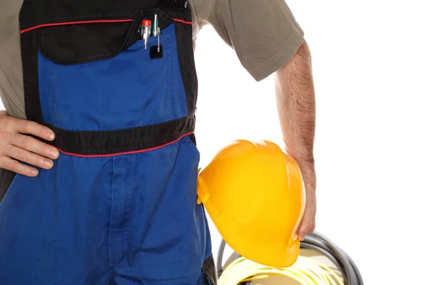 Primo Piano Uomo Uniforme Con Casco Guanti Sfondo Blu — Foto Stock