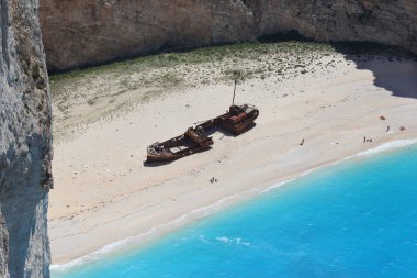 Zakynthos,Smuggler's Wreck,Smuggler's Bay with shipwreck,view from above to the wreck,sea and the sandy bay surrounded by high cliffs,Greece,Ionian Islands. Zante,Ship wreck bay,view fom the steep coast on bay and wreck. clipart