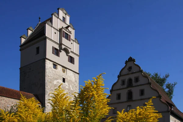 Vista Torre Histórica Ciudad Algarroba Río Tauber Alemania — Foto de Stock