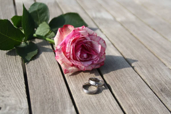 Romantic Still Life Wedding Rings Rose Wooden Table — Stock Photo, Image