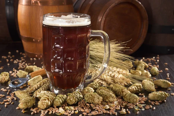 Beer glass with beer barrels,wheat,barley,hops and malt
