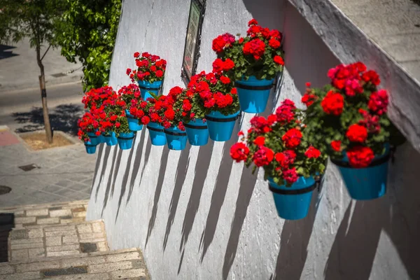 Malerische Straße Von Mijas Mit Blumentöpfen Den Fassaden Andalusisches Weißes — Stockfoto