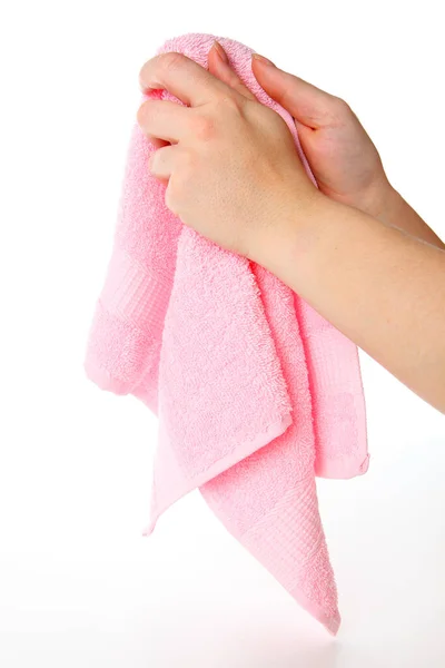 Ręka Samicy Ręcznikiem Izolowane Białym Tle — Zdjęcie stockowe